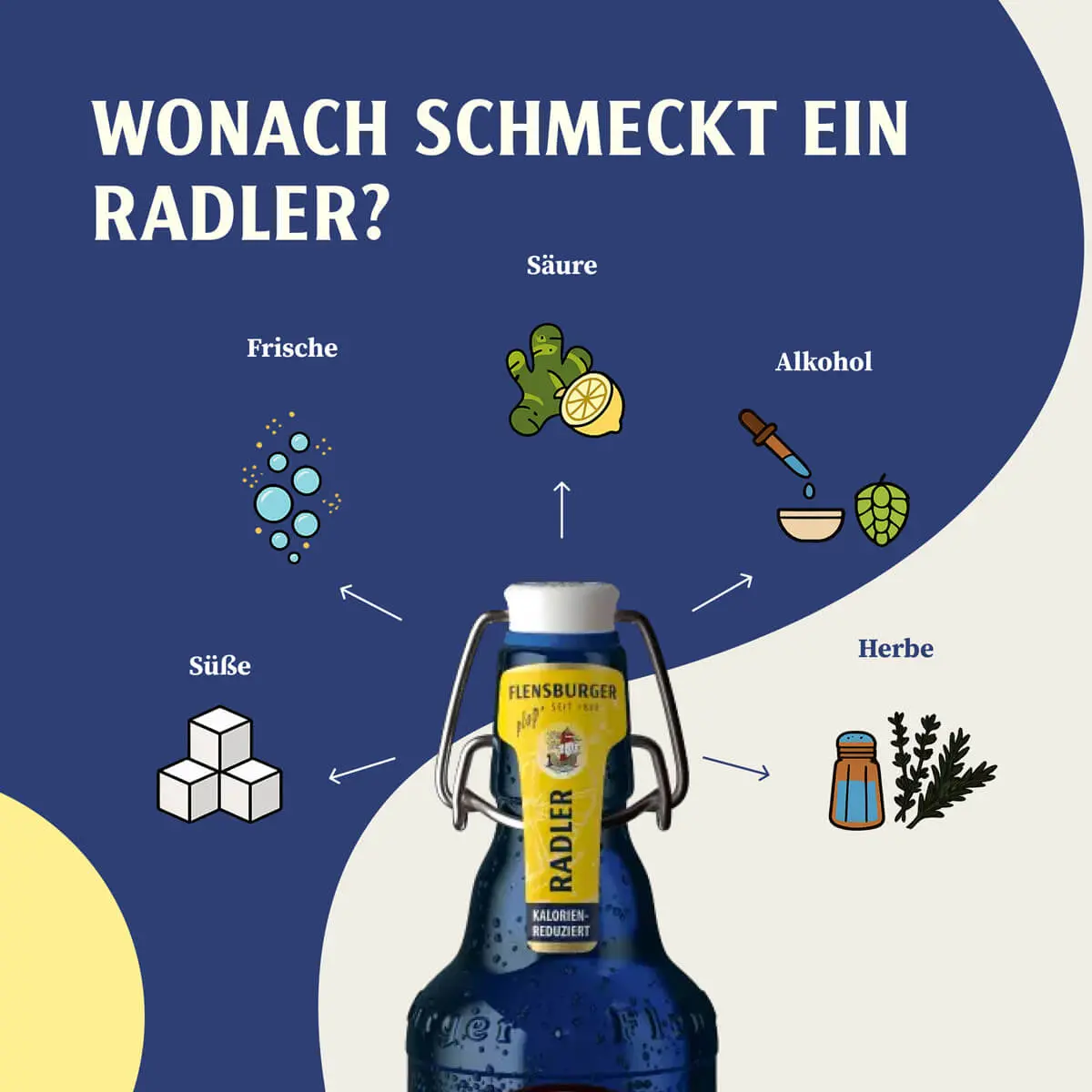 Infografik: Flensburger-Radler-Flasche mit Icons zum Geschmack: Süße, Säure, Frische, Alkohol, Herbe.
