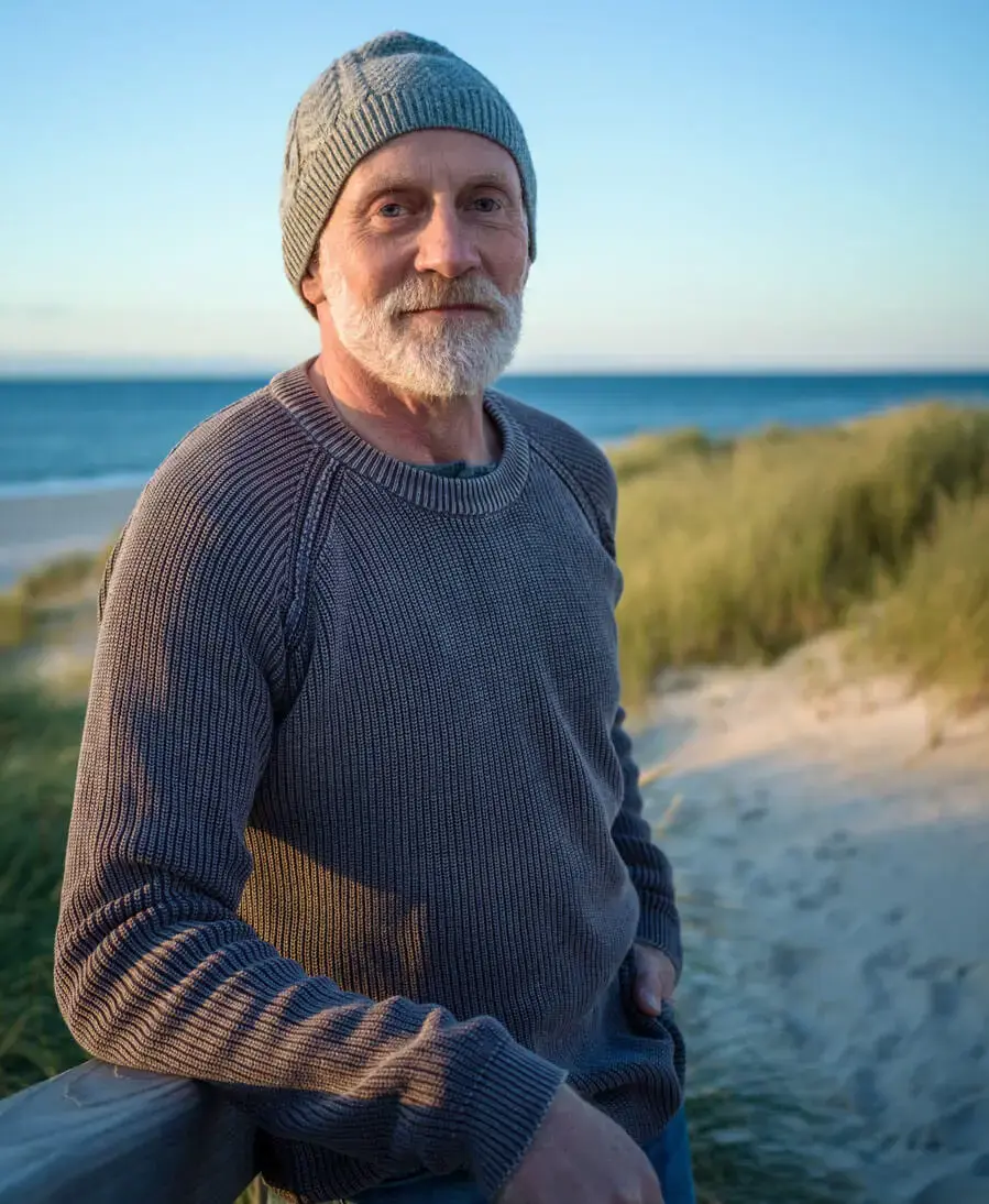 Andreas Arndt mit grauem Bart und Strickmütze am Dünenstrand, trägt groben Strickpullover und steht am Sylter Strand, den man im Hintergrund sieht.
