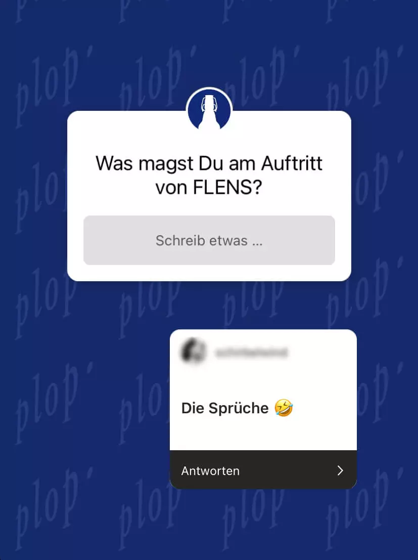Screenshot von einer Instagram-Story mit Umfrage-Sticker "Was magst Du am Auftritt von FLENS?" und Antwort-Sticker "Die Sprüche" mit lachendem Emoji.