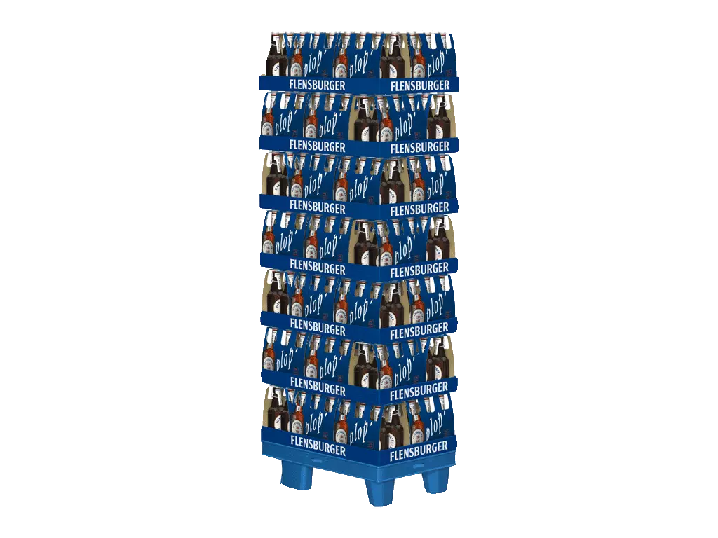 Ein Stapel mit Flensburger Pilsener Sixpacks.