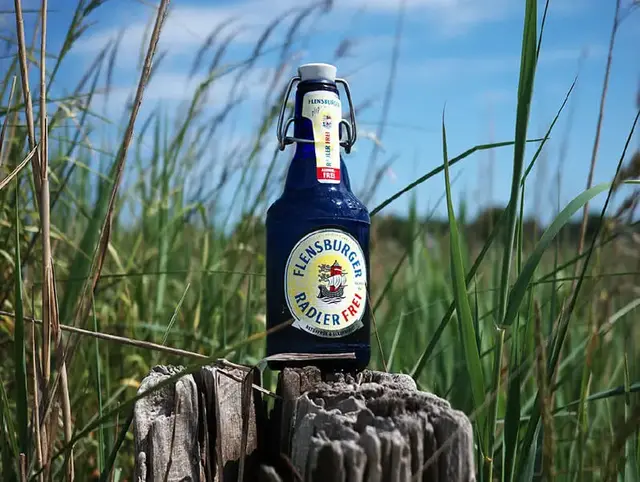 Eine blaue Flasche Flensburger Radler Frei auf einem Holzpoller im Schilfgras.