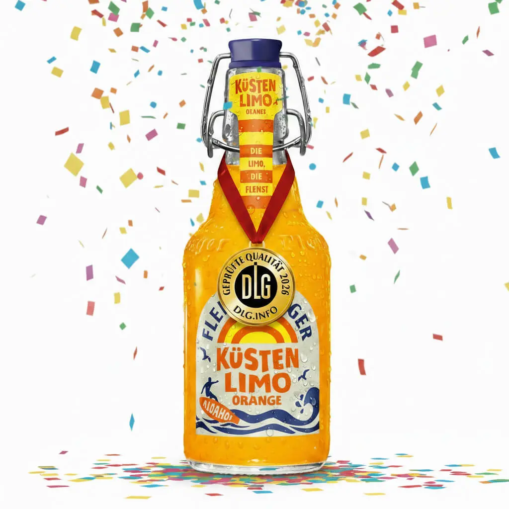 Flensburger-Küstenlimo-Orange-Bügelverschlussflasche mit DLG-Qualitätsmedaille um den Hals, Konfetti-Explosion darüber.