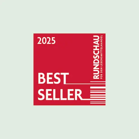 Rotes Bestseller-Siegel 2025 von Rundschau für den Lebensmittelhandel.