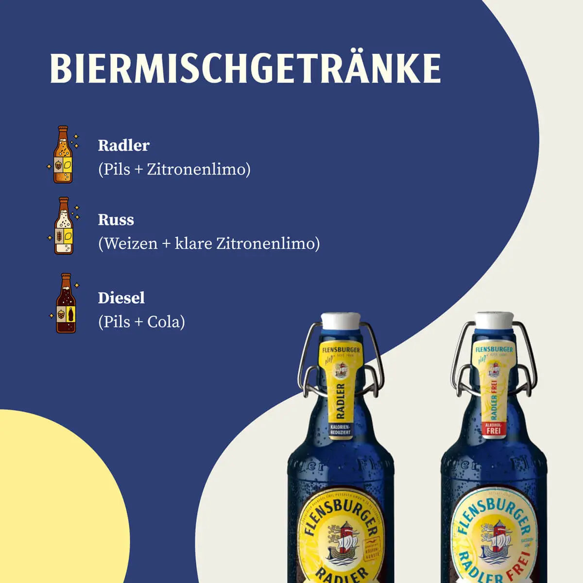 Infografik: "Biermischgetränke" mit Flensburger-Flaschen und Liste der Mixdrinks: Radler, Russ, Diesel.