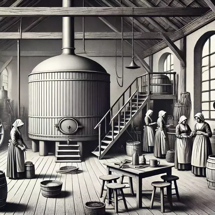 KI-generiertes Bild von Frauen beim Bierbrauen in schwarzweiß.
