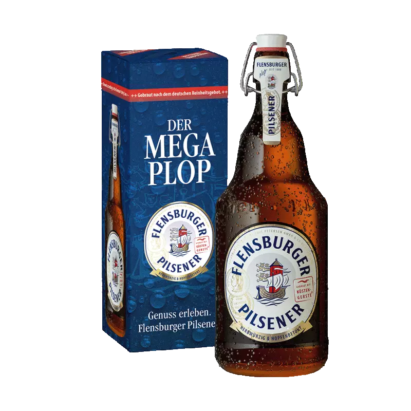 2-Liter-Mega-Plop Flensburger Pilsener mit Geschenkekarton.