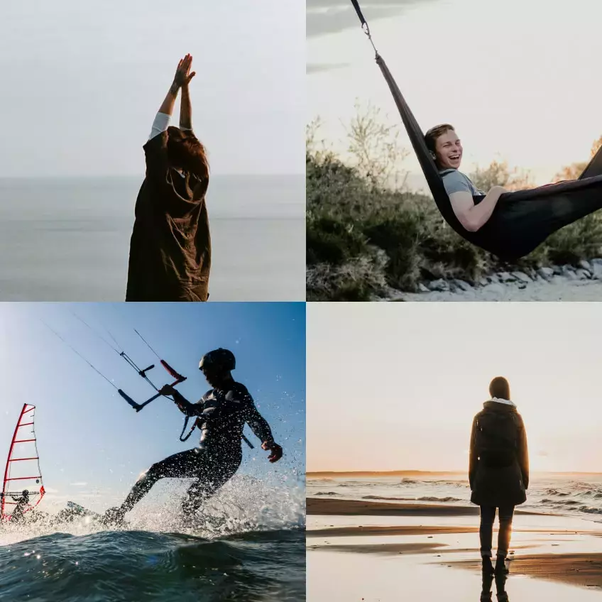 Collage aus 6 Bildern von Menschen, die am Strand sind und Wassersport machen oder sich entspannen.