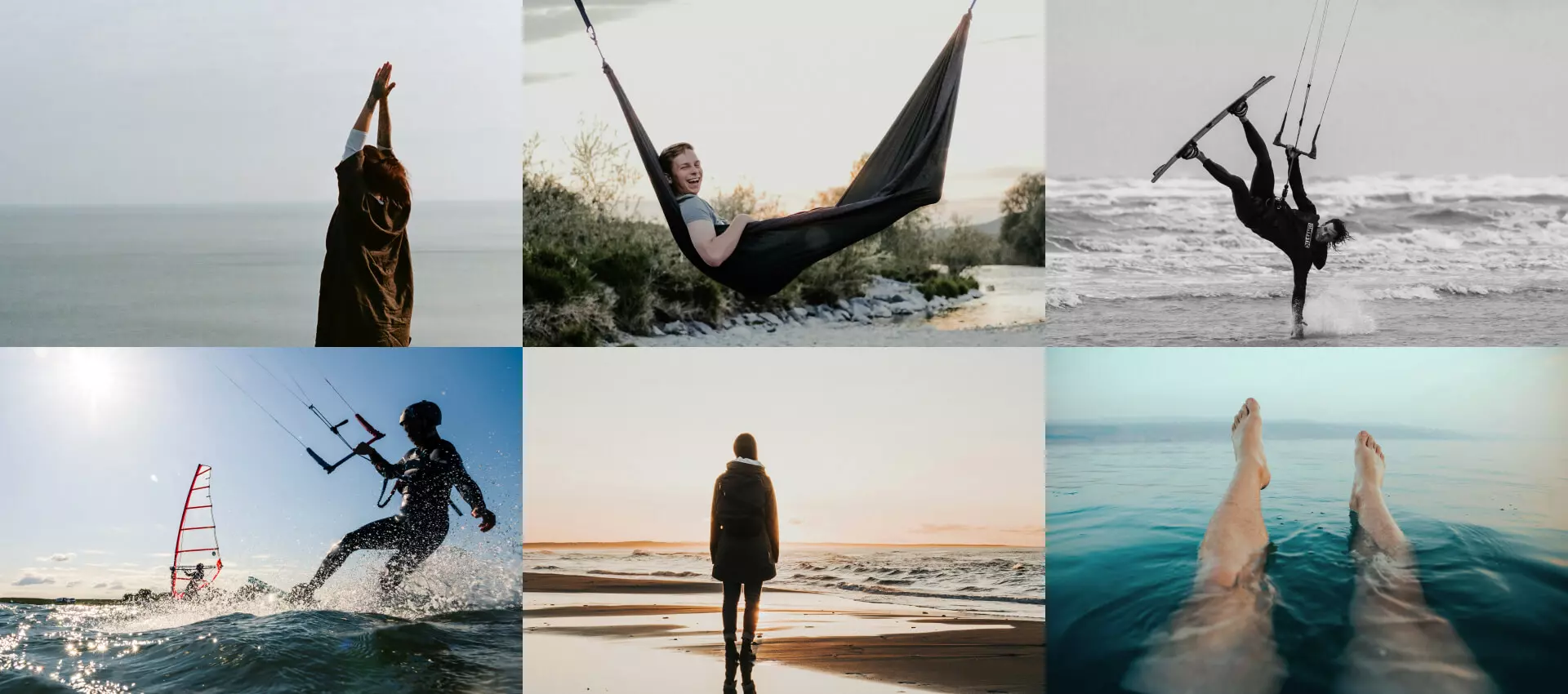 Collage aus 6 Bildern von Menschen, die am Strand sind und Wassersport machen oder sich entspannen.