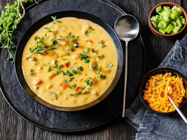 Cremige Käsesuppe mit Sellerie und Karotten, garniert mit frischem Thymian und geriebenem Cheddar.