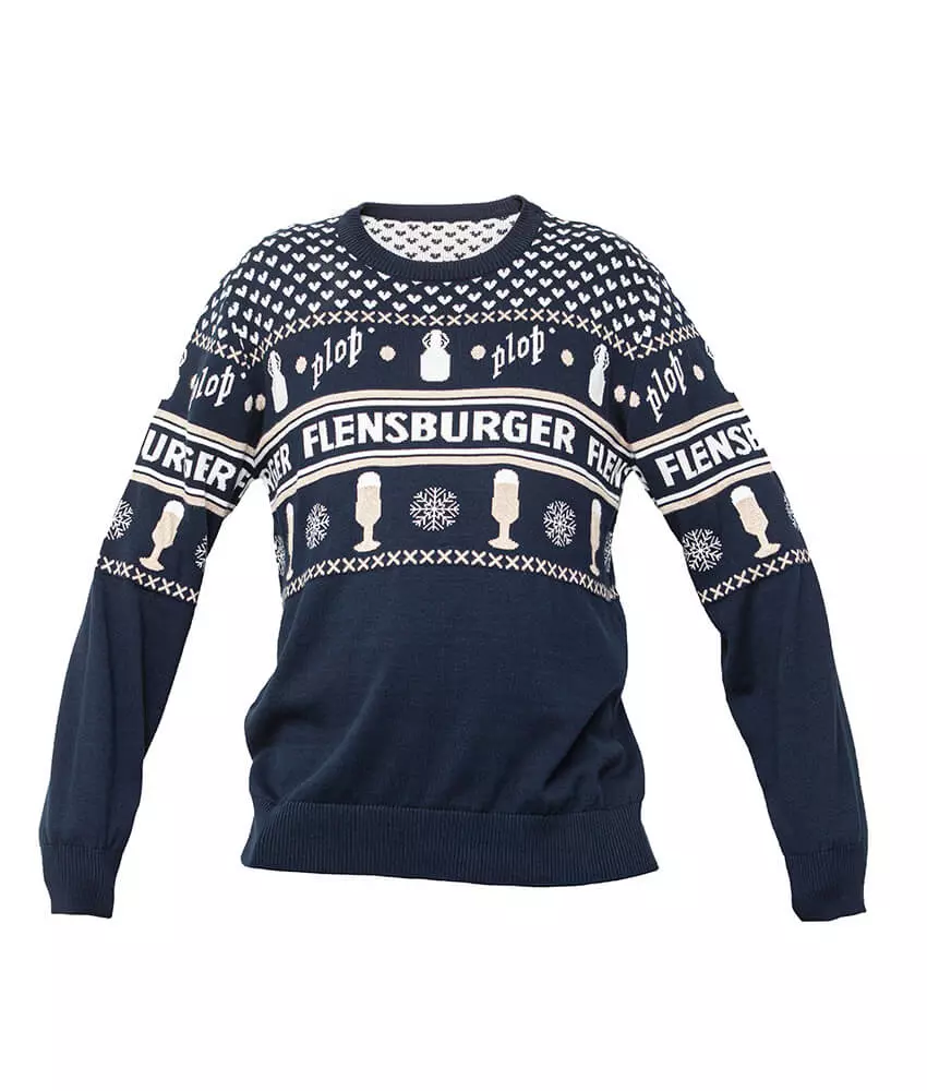 Weihnachtspullover in Blau, der mit FLENS Motiven verziert ist.